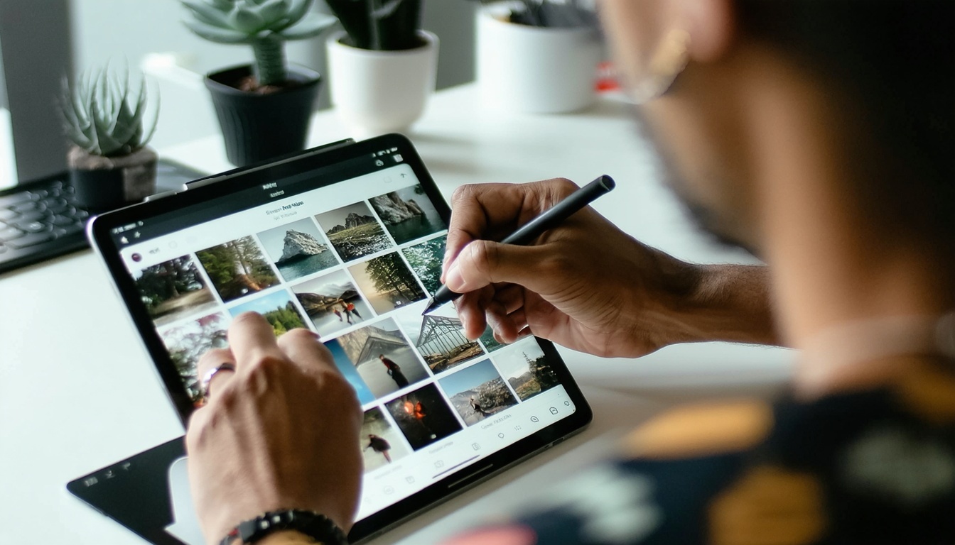 A social media manager crafting content on a digital device.
