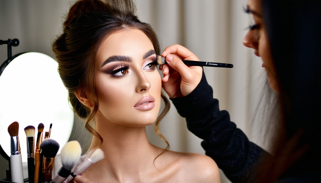 A makeup artist applying a luxurious makeup look on a model.